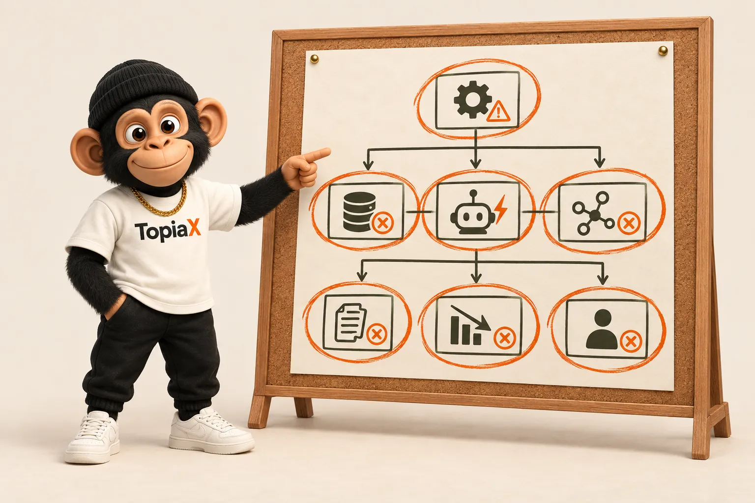 The Topiax mascot points at a workflow board with failure points circled in orange