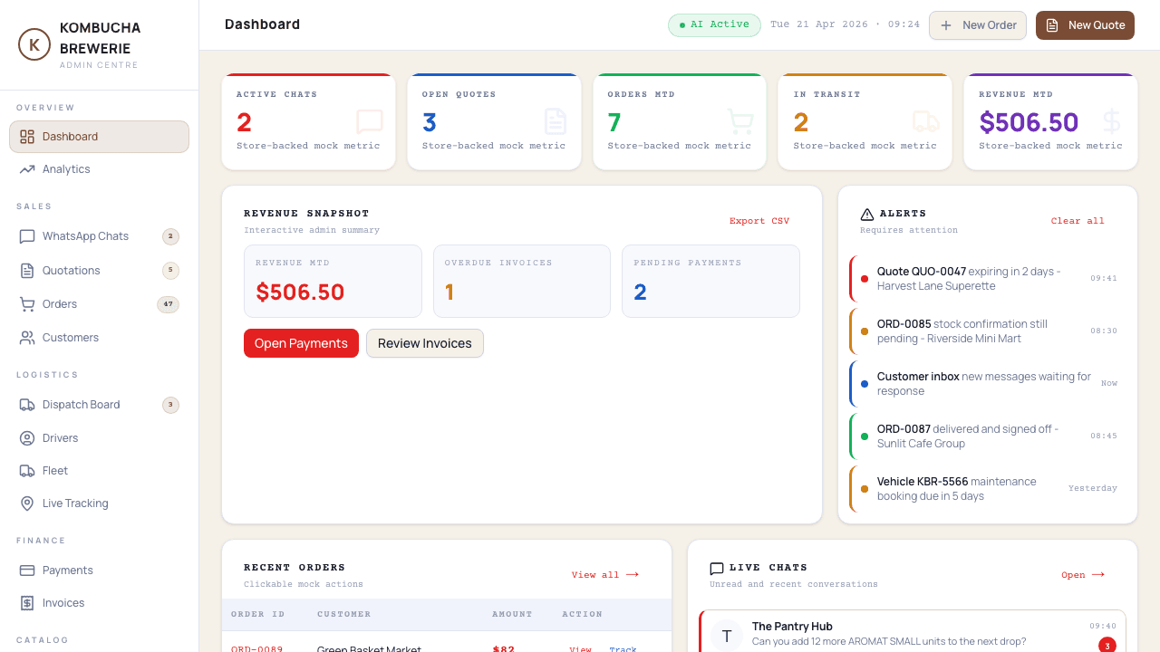 Kombucha Brewerie - Admin Control Centre product screen