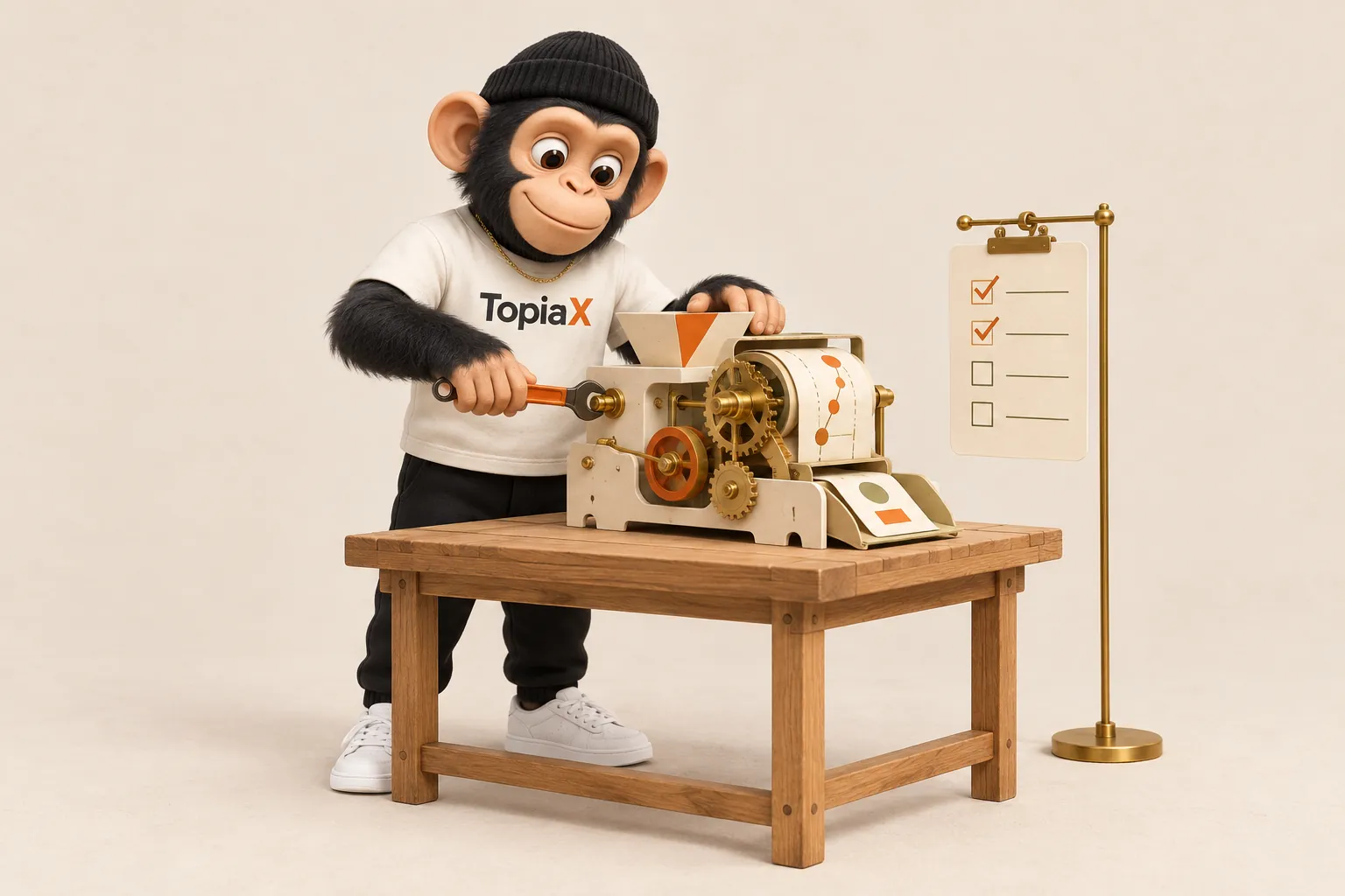 The Topiax mascot tunes a small mechanical machine on a workbench next to a checklist stand