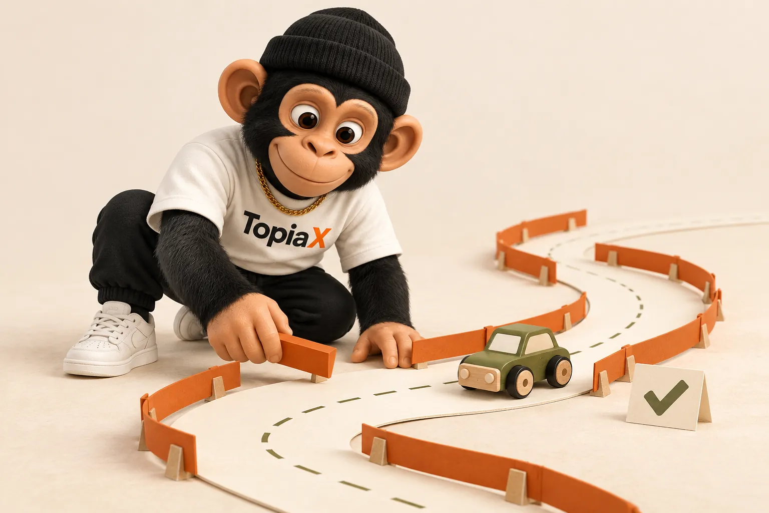 The Topiax mascot sets orange guardrails along a winding road for a toy car