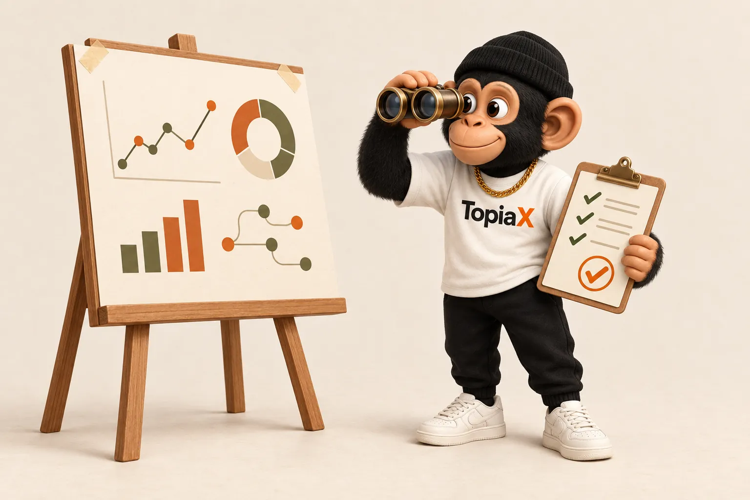 The Topiax mascot looks through binoculars while holding a checklist beside an easel of charts