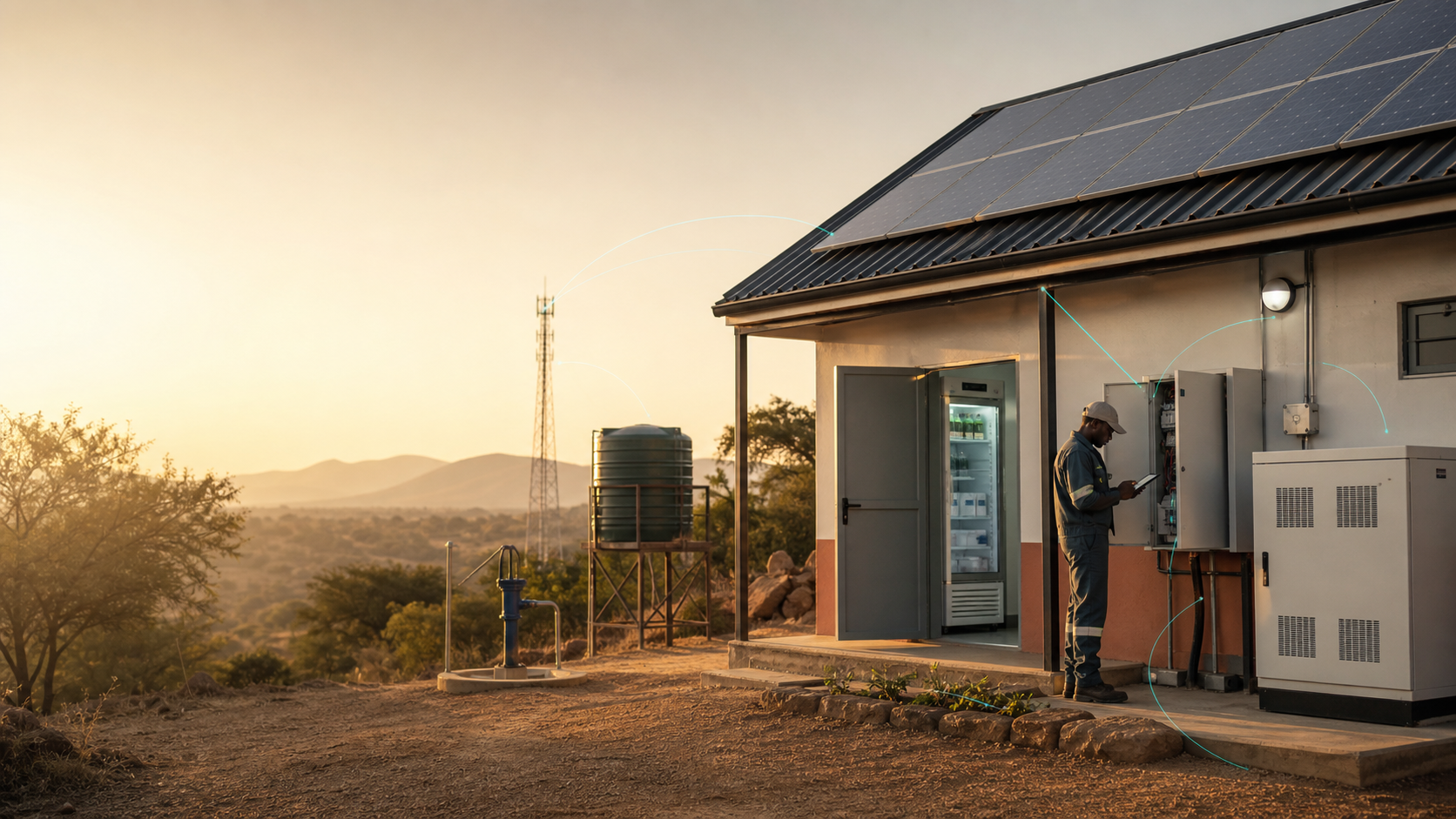 A distributed health and solar infrastructure site with a field technician